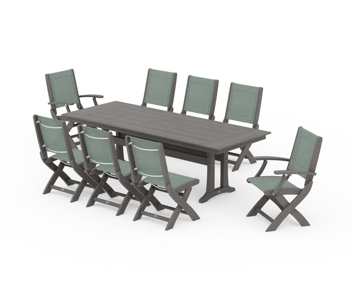 POLYWOOD Coastal 9-Piece Folding Dining Chair Farmhouse Dining Set with Trestle Legs in Driftwood / Dupioni Sea Mist