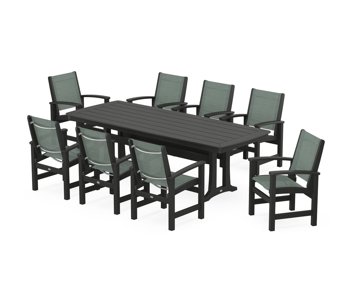 POLYWOOD Coastal 9-Piece Dining Set with Trestle Legs in Black / Dupioni Sea Mist