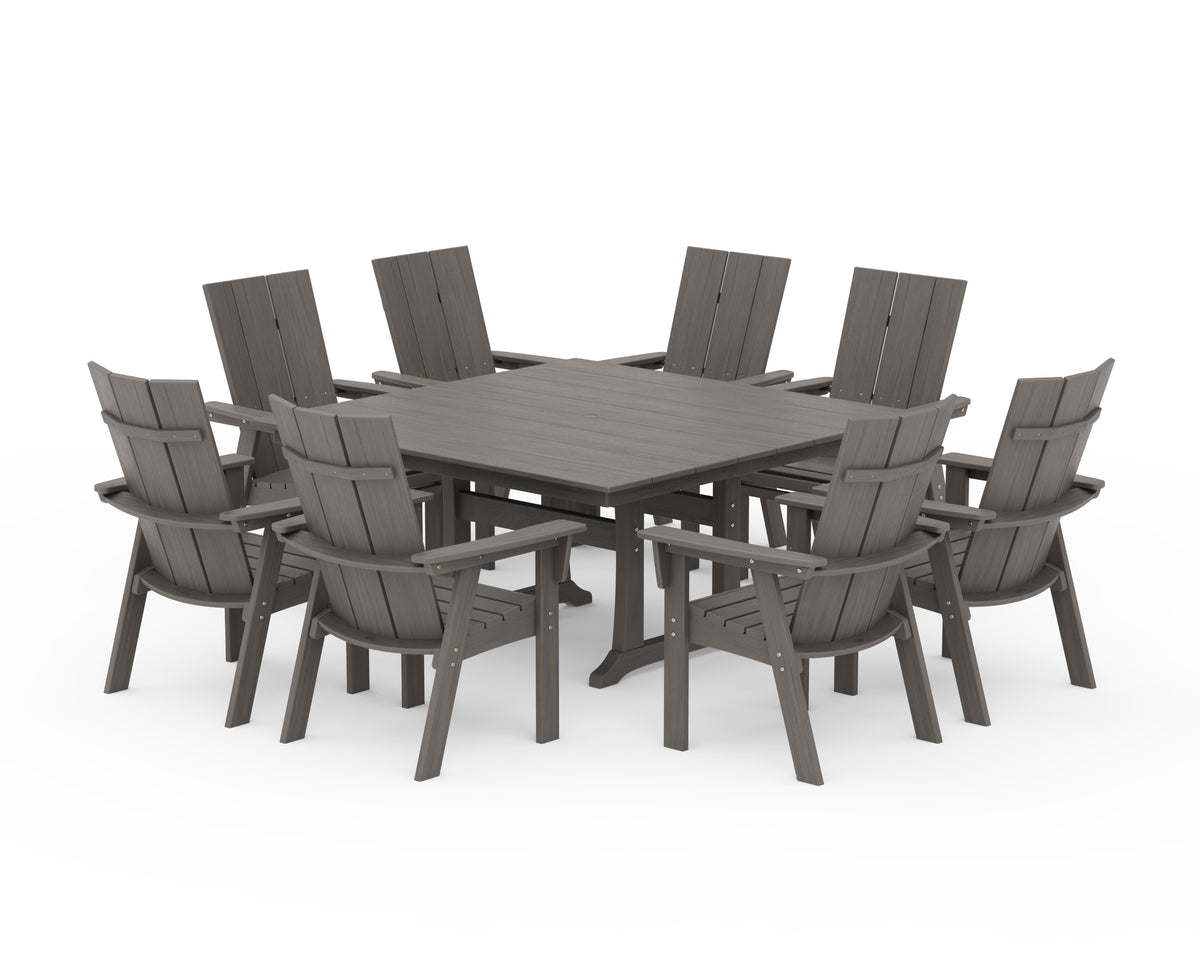 POLYWOOD Modern Curveback Adirondack 9-Piece Farmhouse Trestle Dining Set in Driftwood