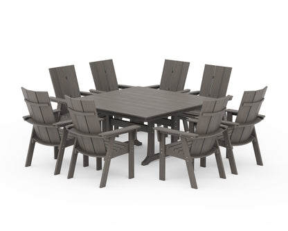 POLYWOOD Modern Curveback Adirondack 9-Piece Farmhouse Trestle Dining Set in Driftwood