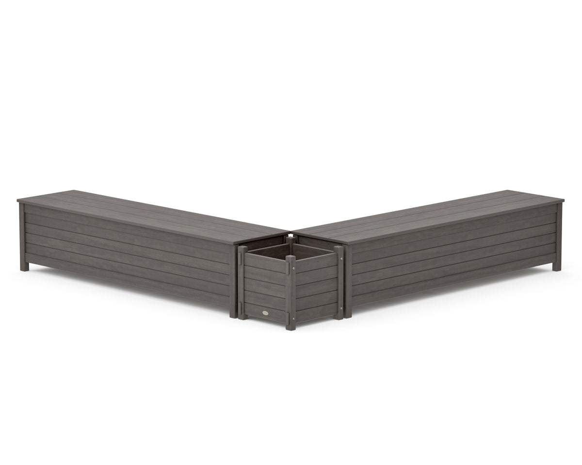 POLYWOOD 72" Nautical L-Shaped Planter Storage Bench Set in Driftwood