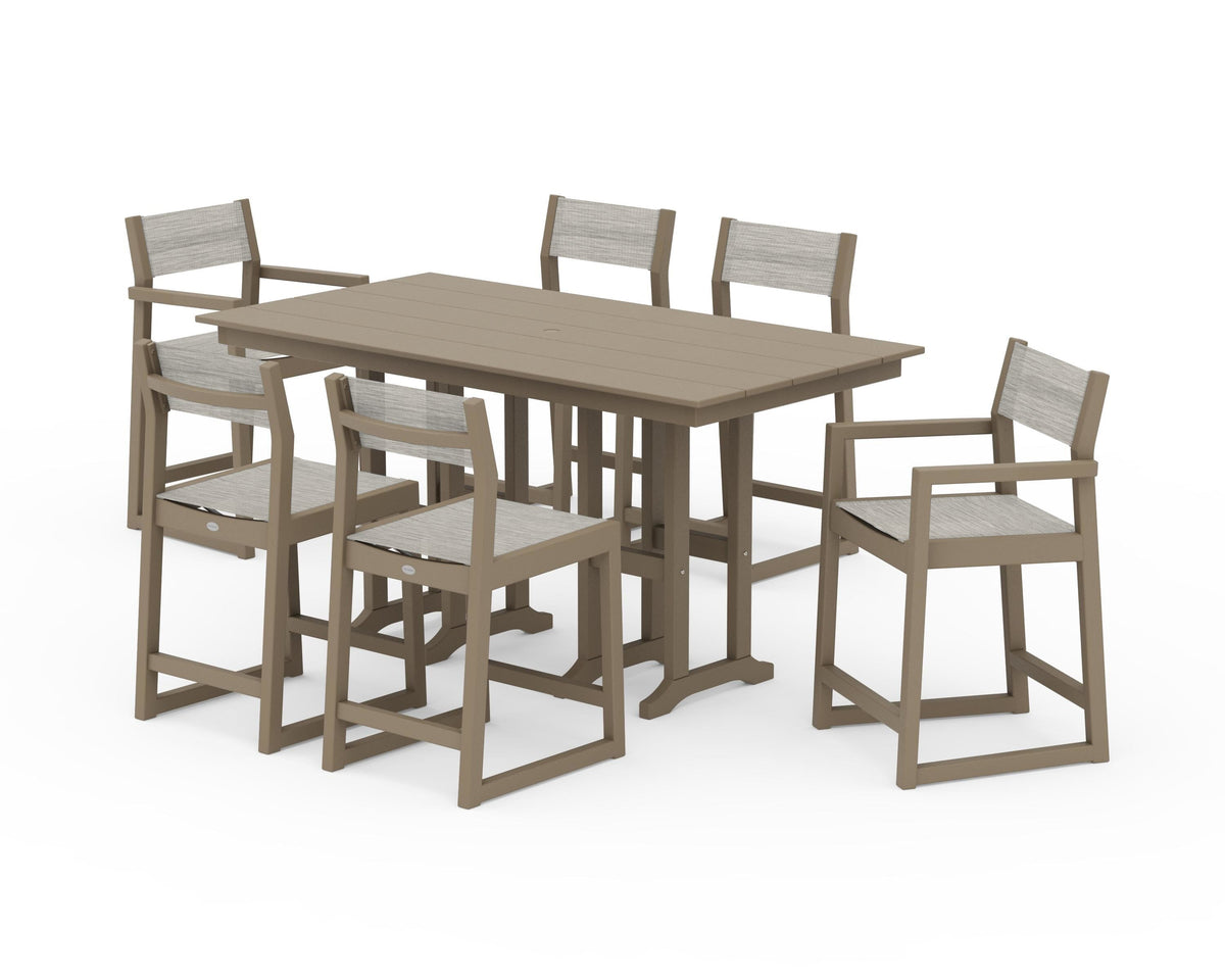 POLYWOOD EDGE Sling 7-Piece Farmhouse Counter Set with Trestle Legs in Vintage Sahara / Birch