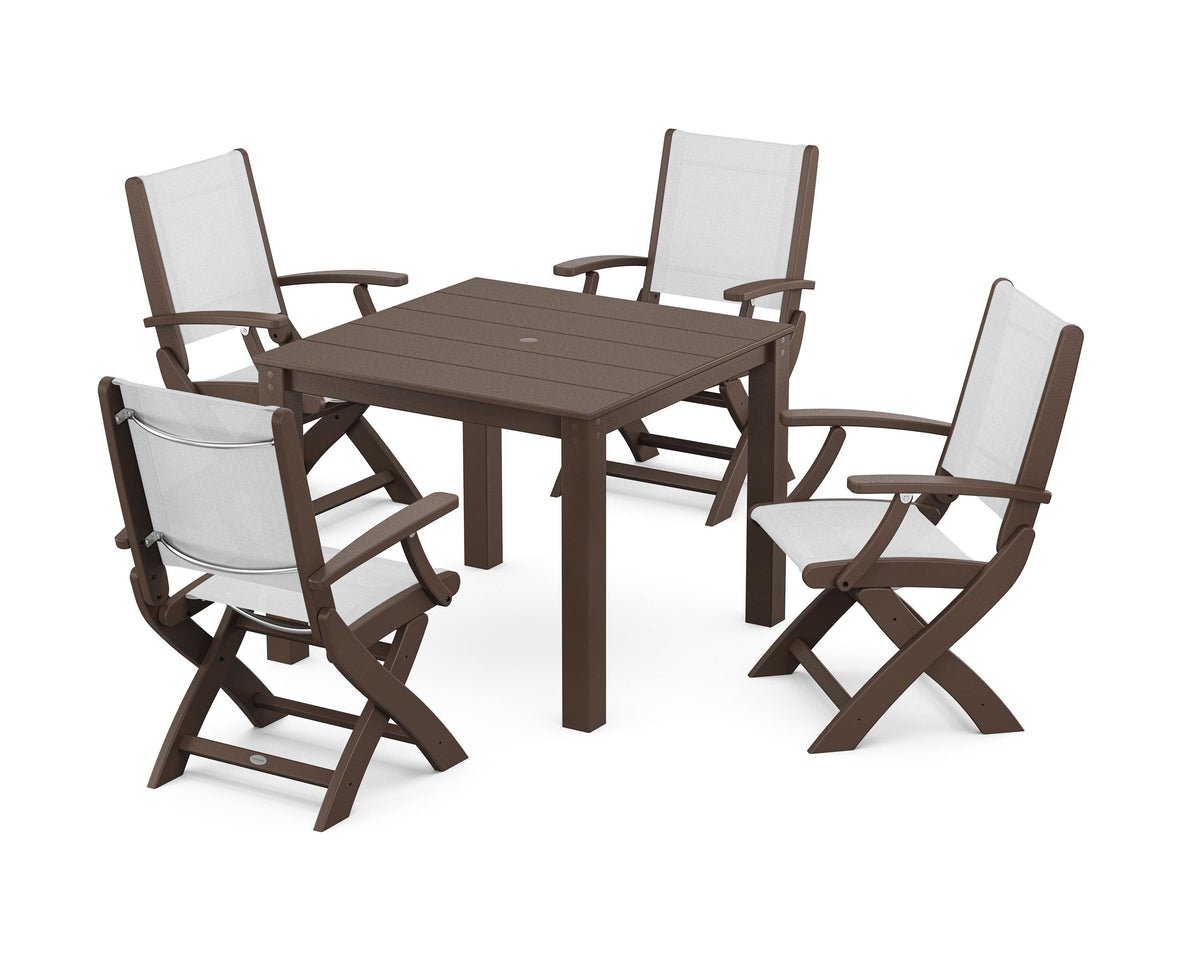 POLYWOOD Coastal Folding Chair 5-Piece Parsons Dining Set in Mahogany / White