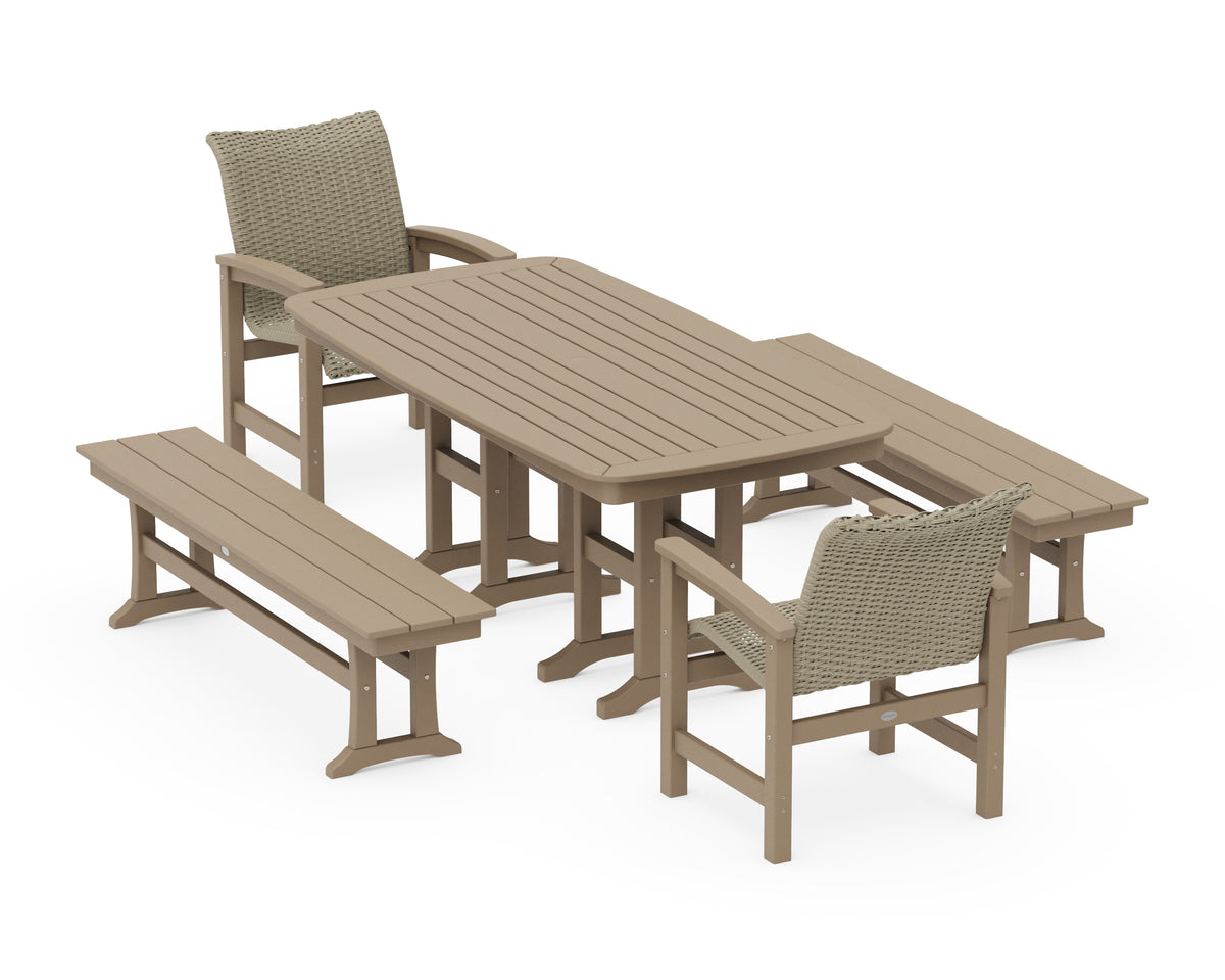 POLYWOOD Coastal Woven 5-Piece Dining Set with Benches in Vintage Sahara / Dune Grass
