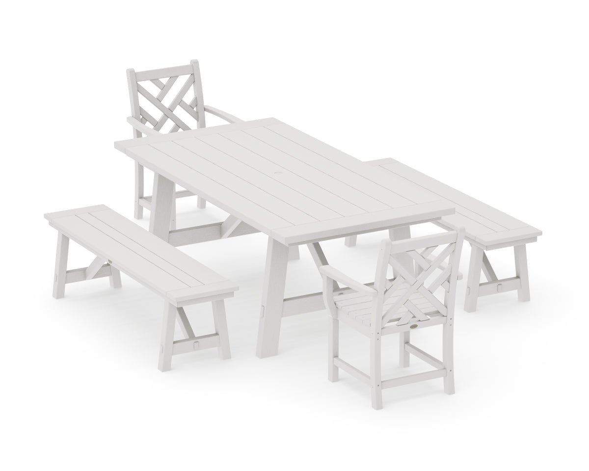 POLYWOOD Chippendale 5-Piece Rustic Farmhouse Dining Set with Benches in Vintage White