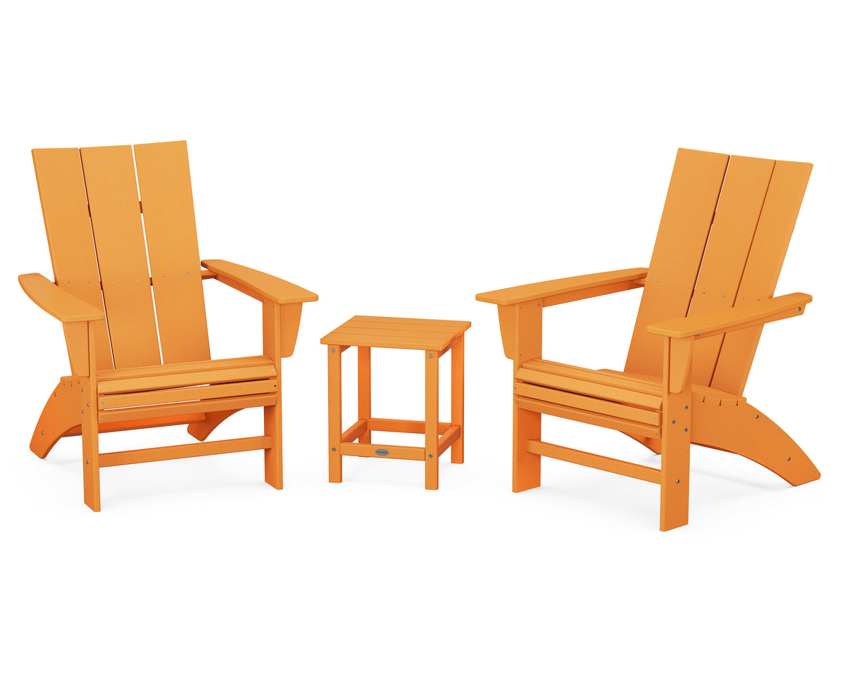 POLYWOOD Modern 3-Piece Curveback Adirondack Set With Long Island 18" Side Table in Tangerine
