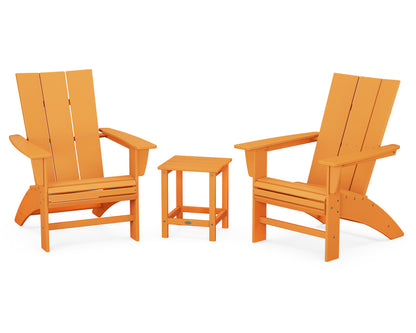POLYWOOD Modern 3-Piece Curveback Adirondack Set With Long Island 18" Side Table in Tangerine