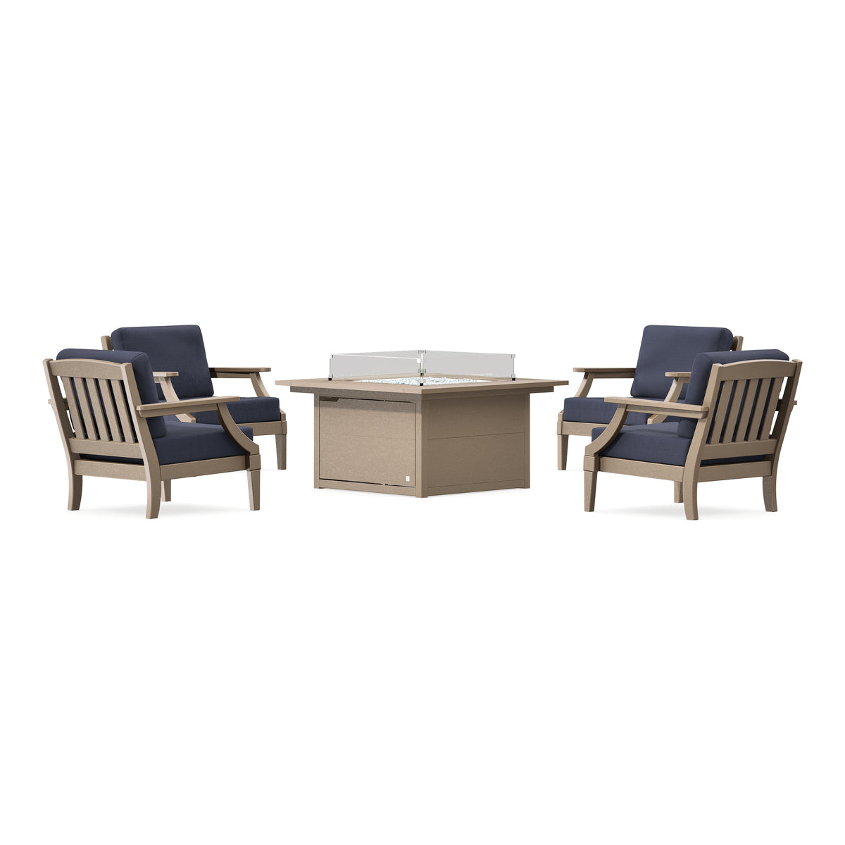 POLYWOOD PW Designer Series Estate 5-Piece Lounge Fire Table Set in Vintage Sahara / Navy Linen