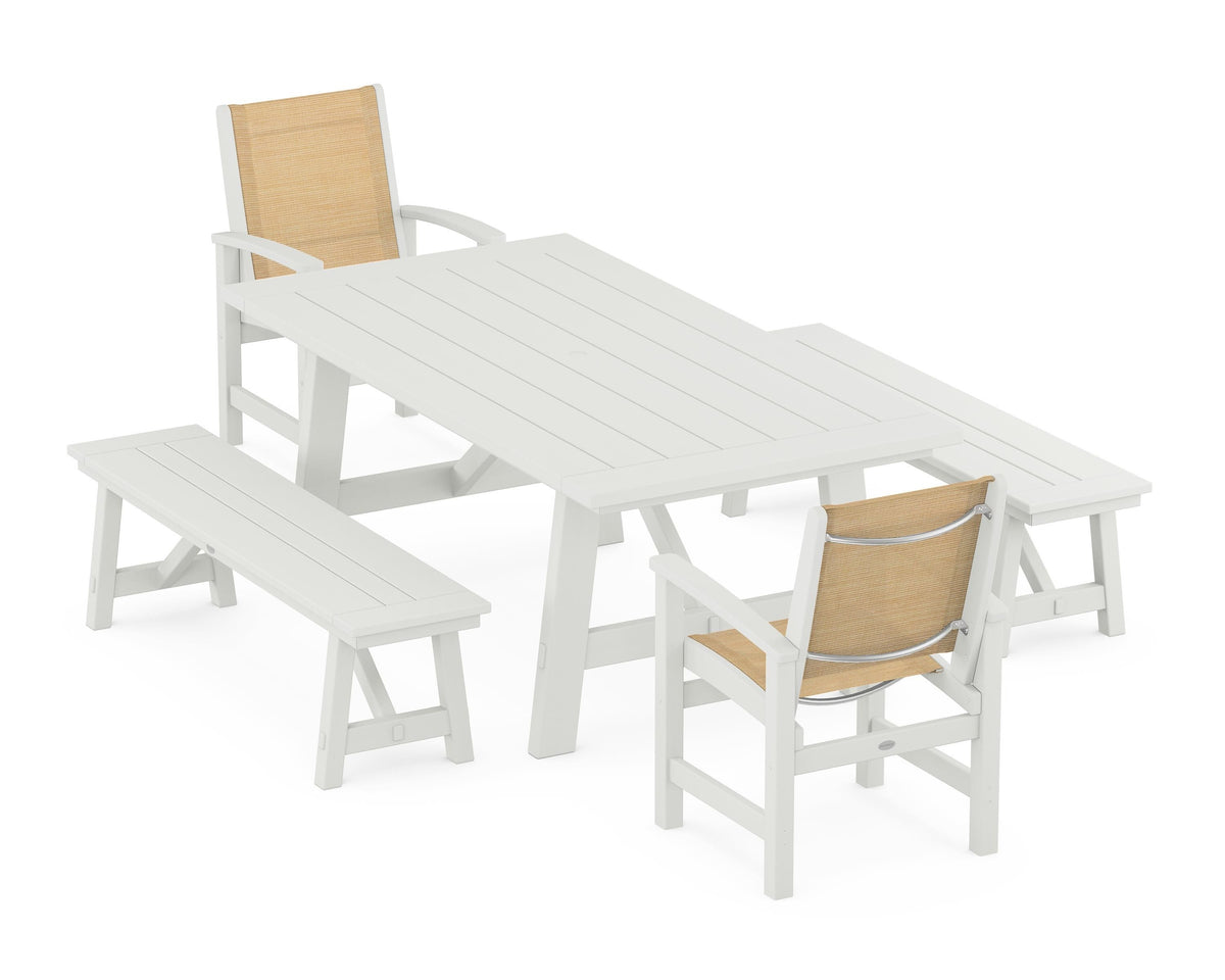POLYWOOD Coastal 5-Piece Rustic Farmhouse Dining Set With Benches in Vintage White / Dupioni Apricot
