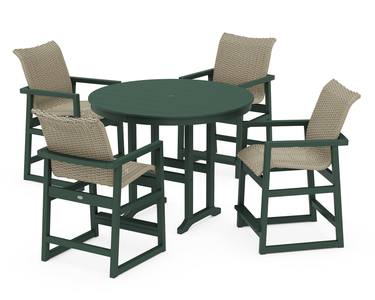 POLYWOOD EDGE Woven 5-Piece Round Farmhouse Counter Set in Green / Dune Grass