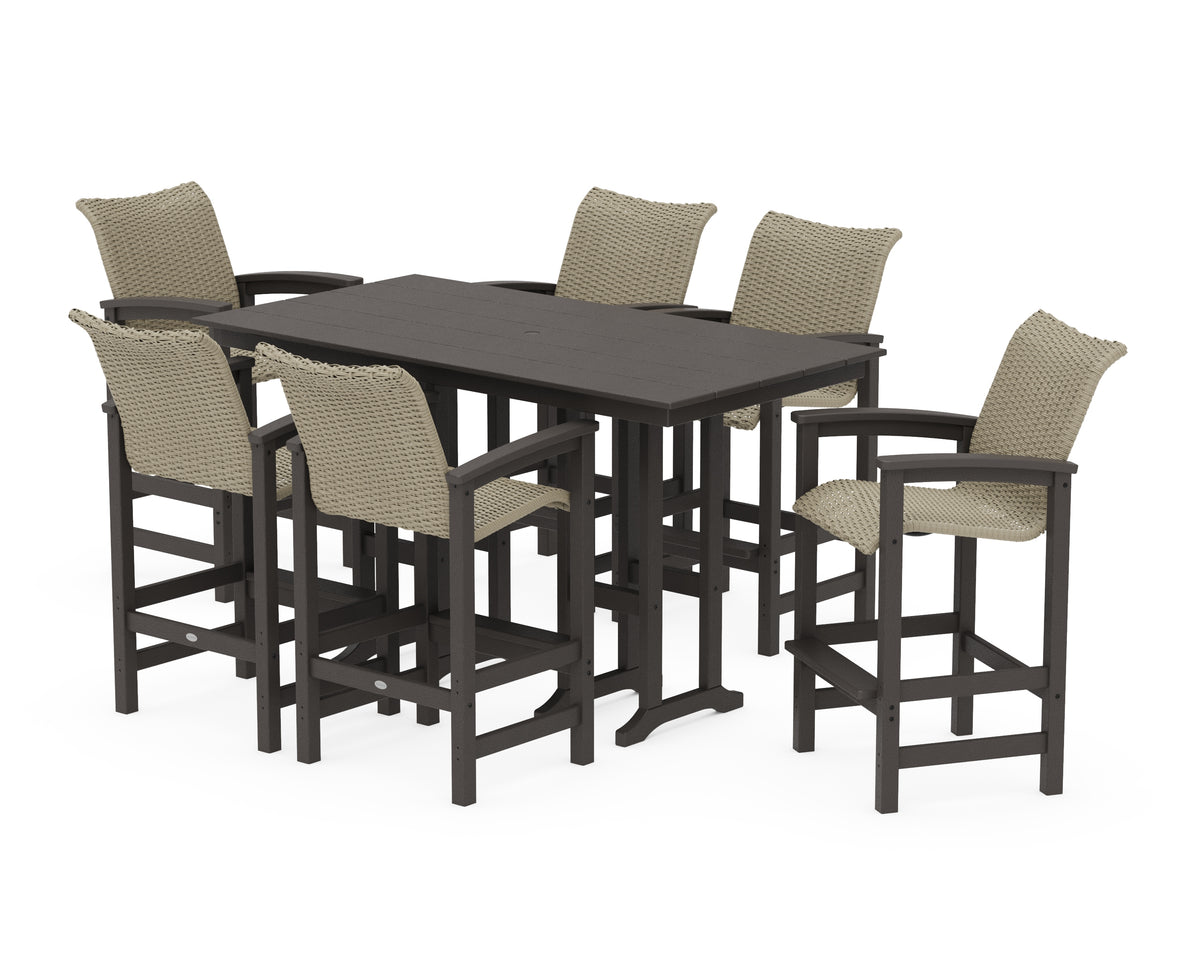 POLYWOOD Coastal Woven Arm Chair 7-Piece Farmhouse Bar Set in Vintage Coffee / Dune Grass