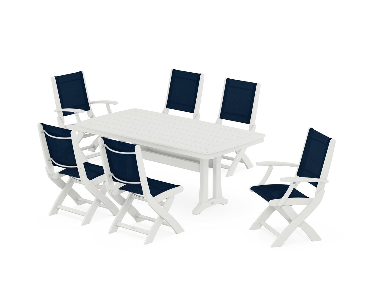POLYWOOD Coastal Folding Chair 7-Piece Dining Set with Trestle Legs with Nautical Trestle 38" x 73" Dining Table in Vintage White / Navy Blue