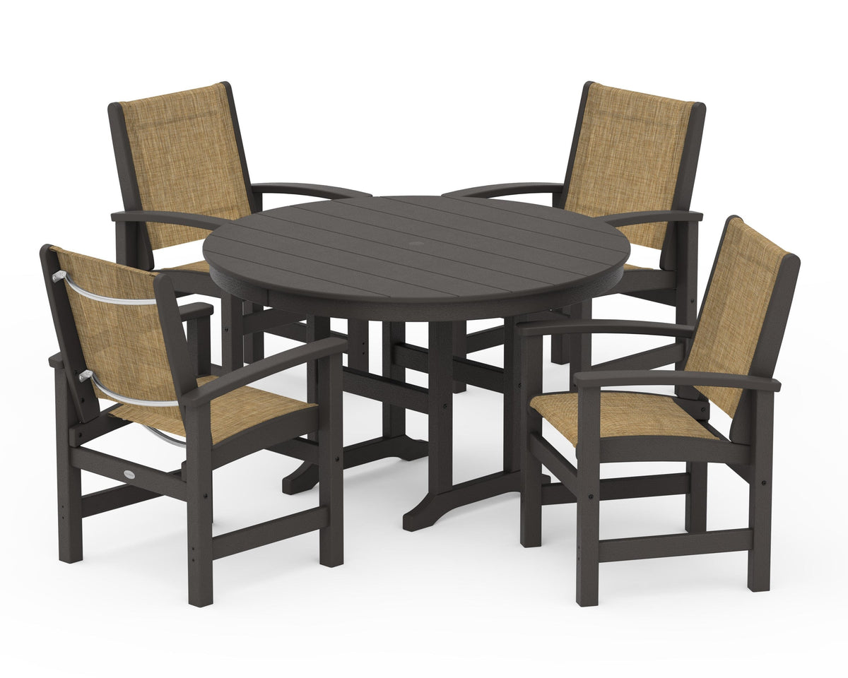 POLYWOOD Coastal 5-Piece Round Farmhouse Dining Set in Vintage Coffee / Burlap