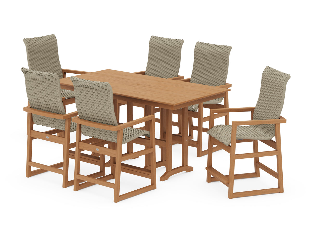 POLYWOOD EDGE Woven Highback Arm Chair 7-Piece Farmhouse Counter Set in Natural / Dune Grass