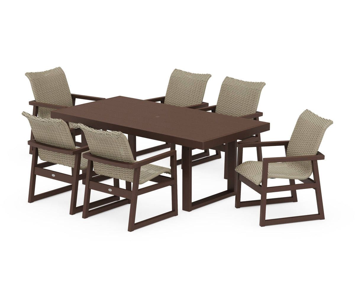 POLYWOOD EDGE Woven Arm Chair 7-Piece Dining Set in Mahogany / Dune Grass