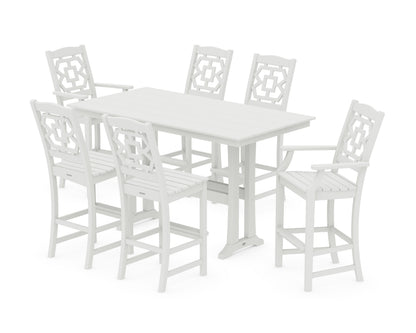 POLYWOOD Chinoiserie 7-Piece Farmhouse Bar Set with Trestle Legs in Vintage White