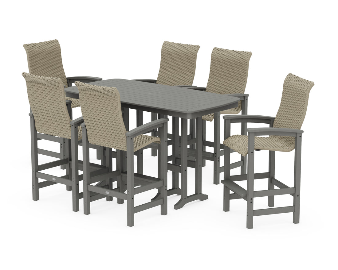 POLYWOOD Coastal Woven High-Back Arm Chair 7-Piece Bar Set in Slate Grey / Dune Grass