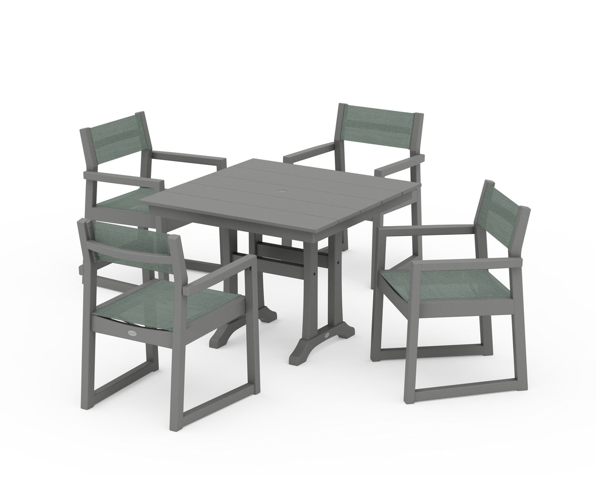 POLYWOOD EDGE Sling 5-Piece Farmhouse Dining Set with Trestle Legs in Slate Grey / Dupioni Sea Mist