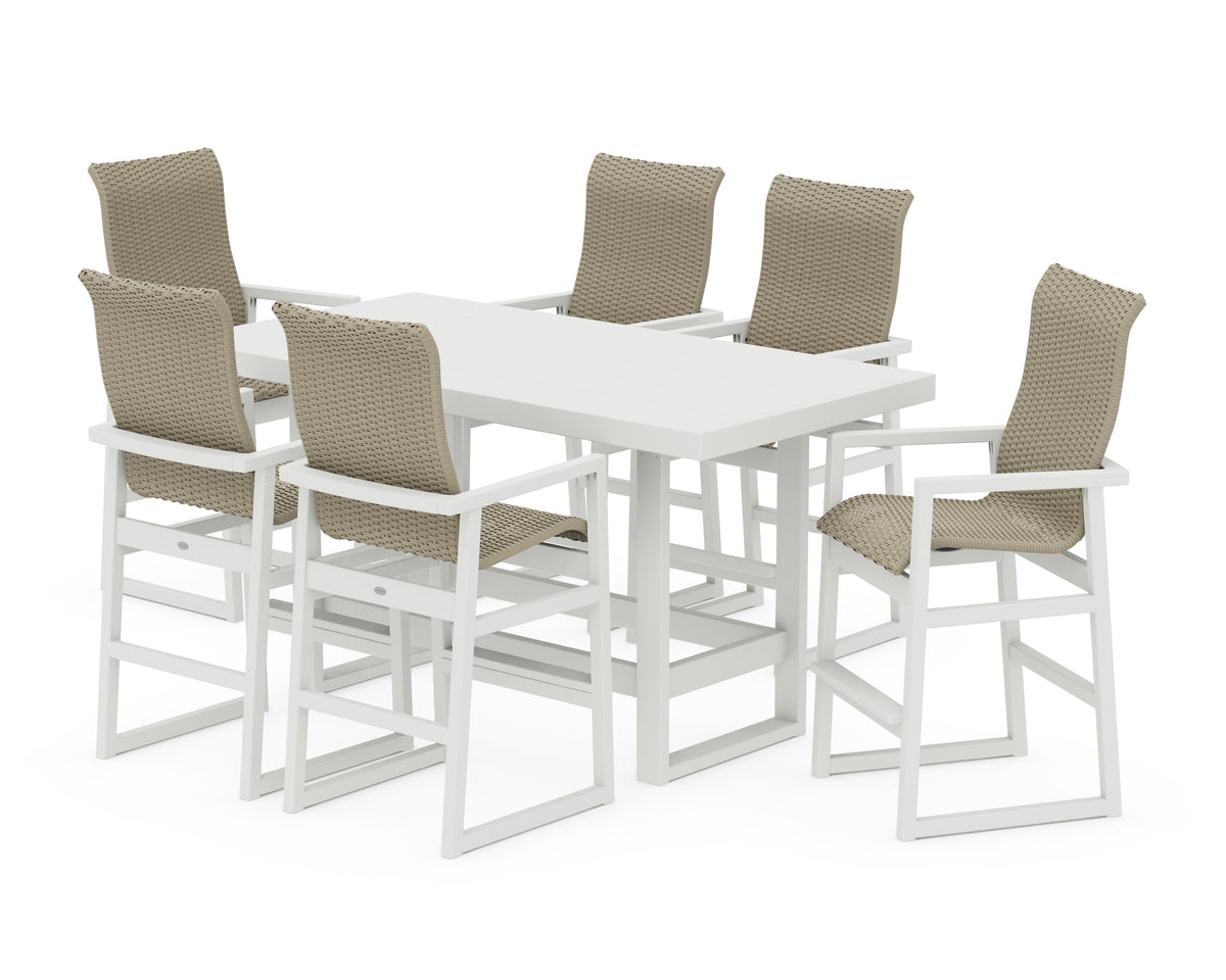 POLYWOOD EDGE Woven Highback Arm Chair 7-Piece Bar Set in Vintage White / Dune Grass