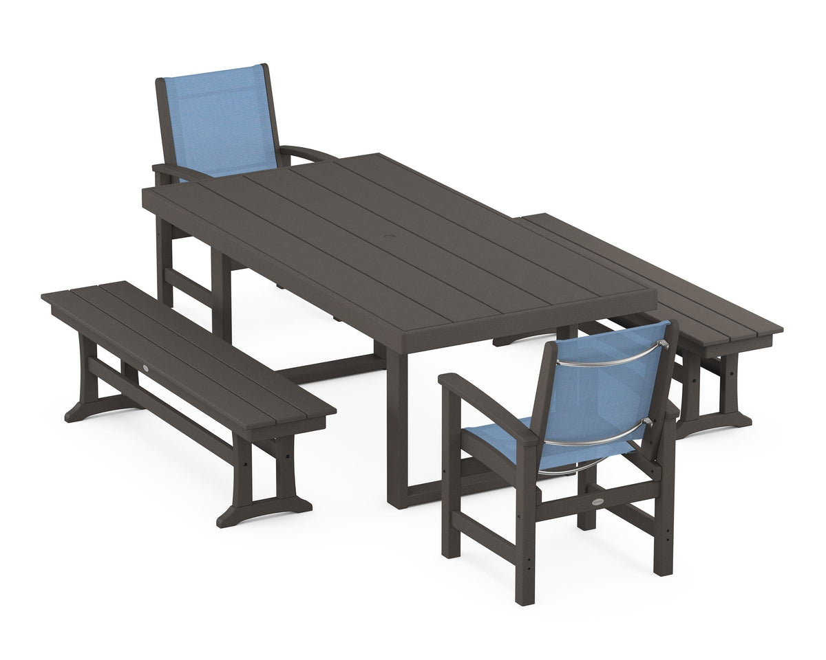 POLYWOOD Coastal 5-Piece Dining Set with Trestle Legs with EDGE 40" x 78" Dining Table in Vintage Coffee / Poolside