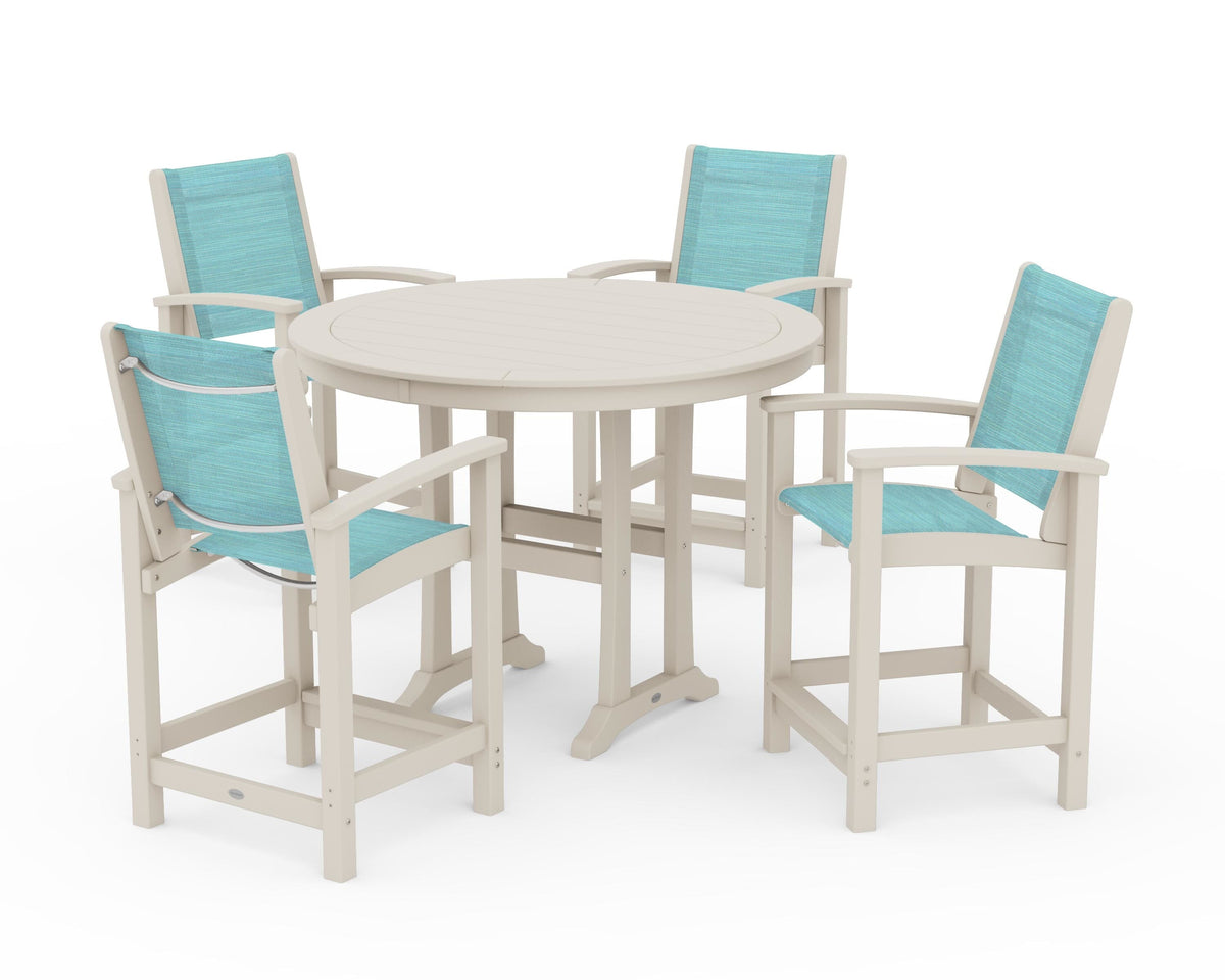 POLYWOOD Coastal 5-Piece Counter Set in Sand / Dupioni Aquamarine