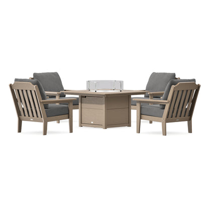 POLYWOOD Country Living Cottage 5-Piece Deep Seating Set with Fire Pit Table in Vintage Sahara