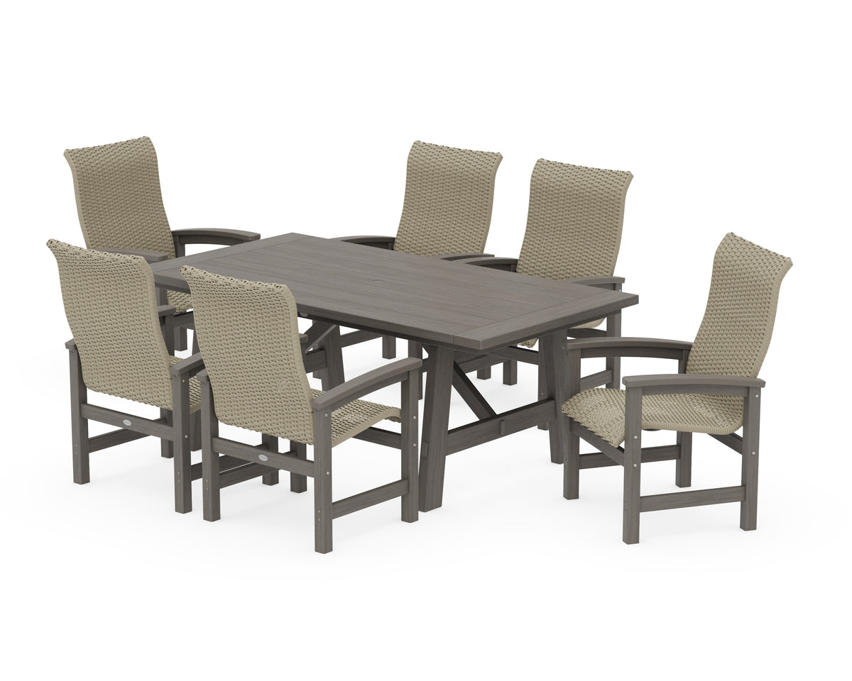 POLYWOOD Coastal Woven High-Back Arm Chair 7-Piece Rustic Farmhouse Dining Set in Driftwood / Dune Grass