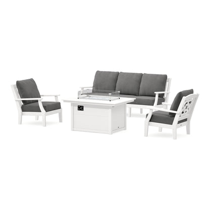 POLYWOOD Chinoiserie Deep Seating Fire Pit Table Set in Vintage White