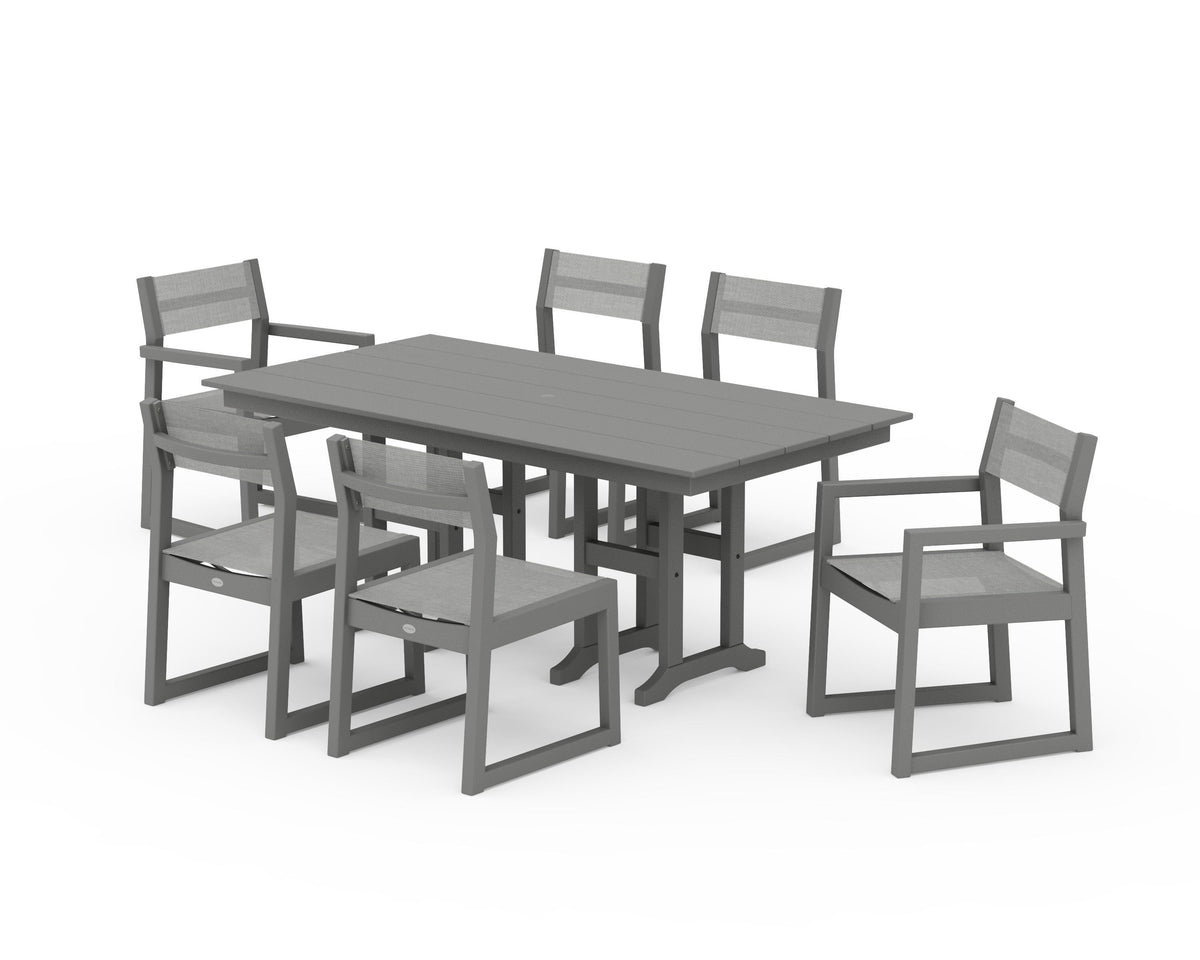 POLYWOOD EDGE Sling 7-Piece Farmhouse Dining Set in Slate Grey / Metallic