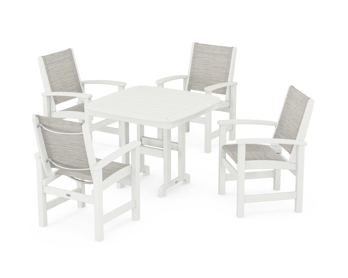POLYWOOD Coastal 5-Piece Dining Set with Nautical 37" Dining Table in Vintage White / Birch