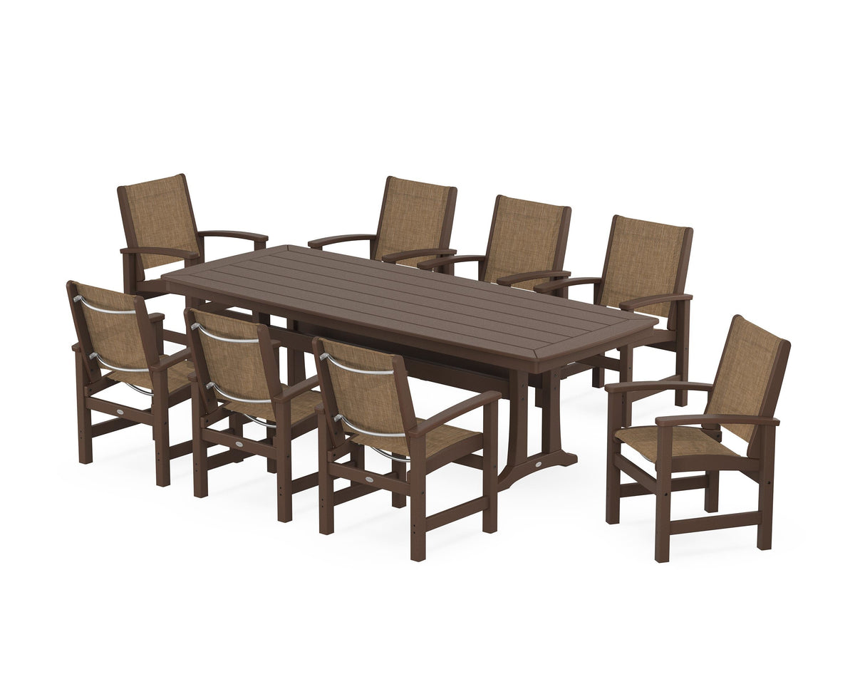 POLYWOOD Coastal 9-Piece Dining Set with Trestle Legs in Mahogany / Burlap