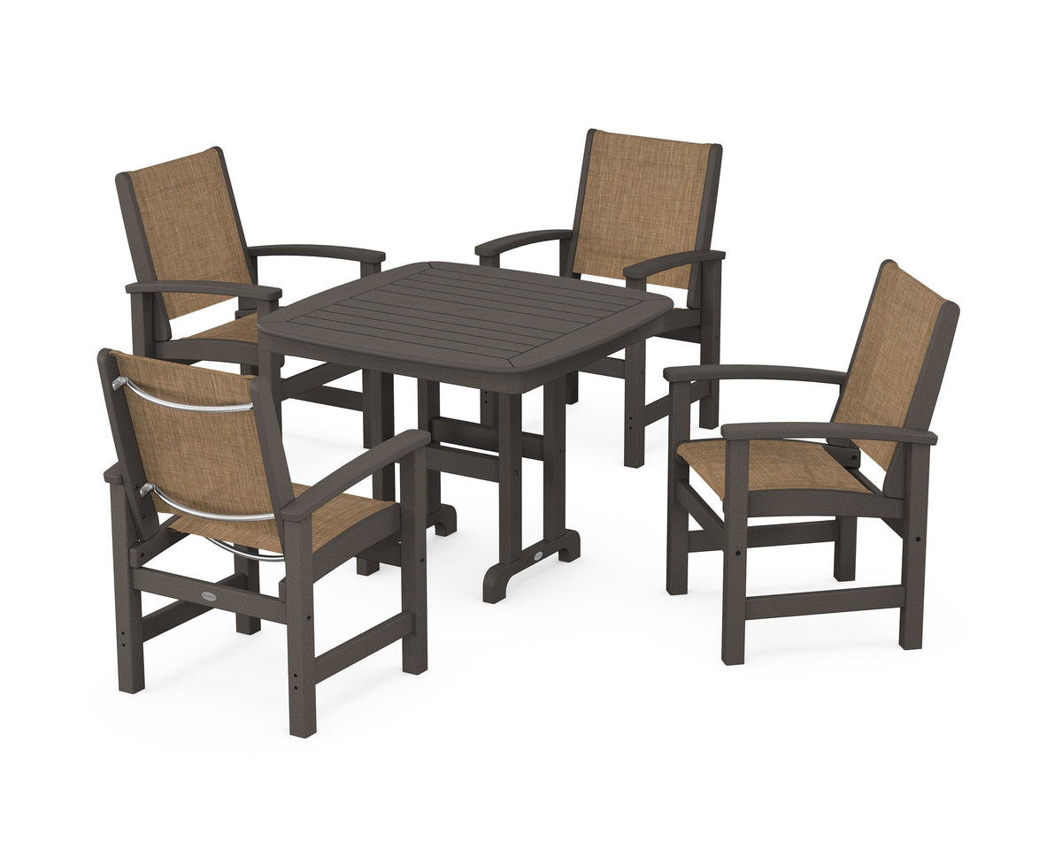 POLYWOOD Coastal 5-Piece Dining Set with Nautical 37" Dining Table in Vintage Coffee / Burlap