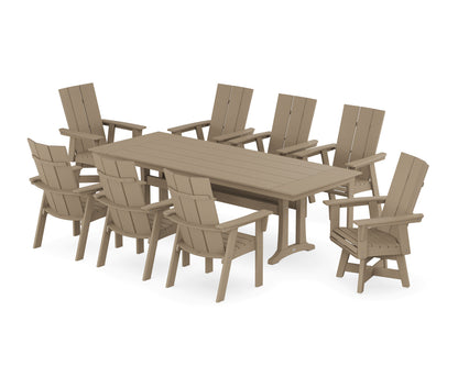 POLYWOOD Modern Curveback Adirondack Swivel 9-Piece Farmhouse Dining Set with Trestle Legs in Vintage Sahara