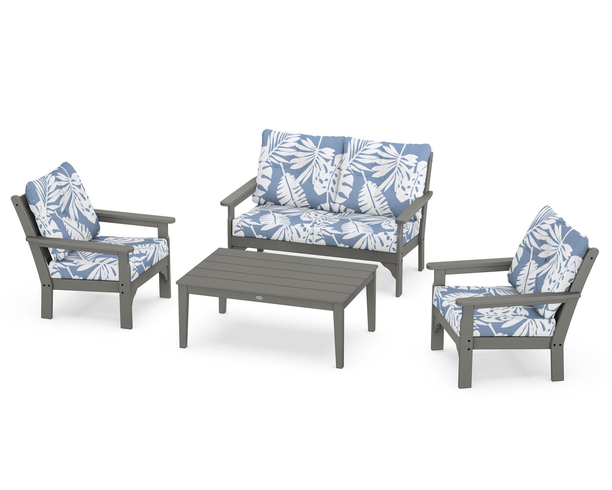 POLYWOOD Vineyard 4-Piece Deep Seating Set with Two Chairs and Loveseat in Slate Grey / Leaf Sky Blue