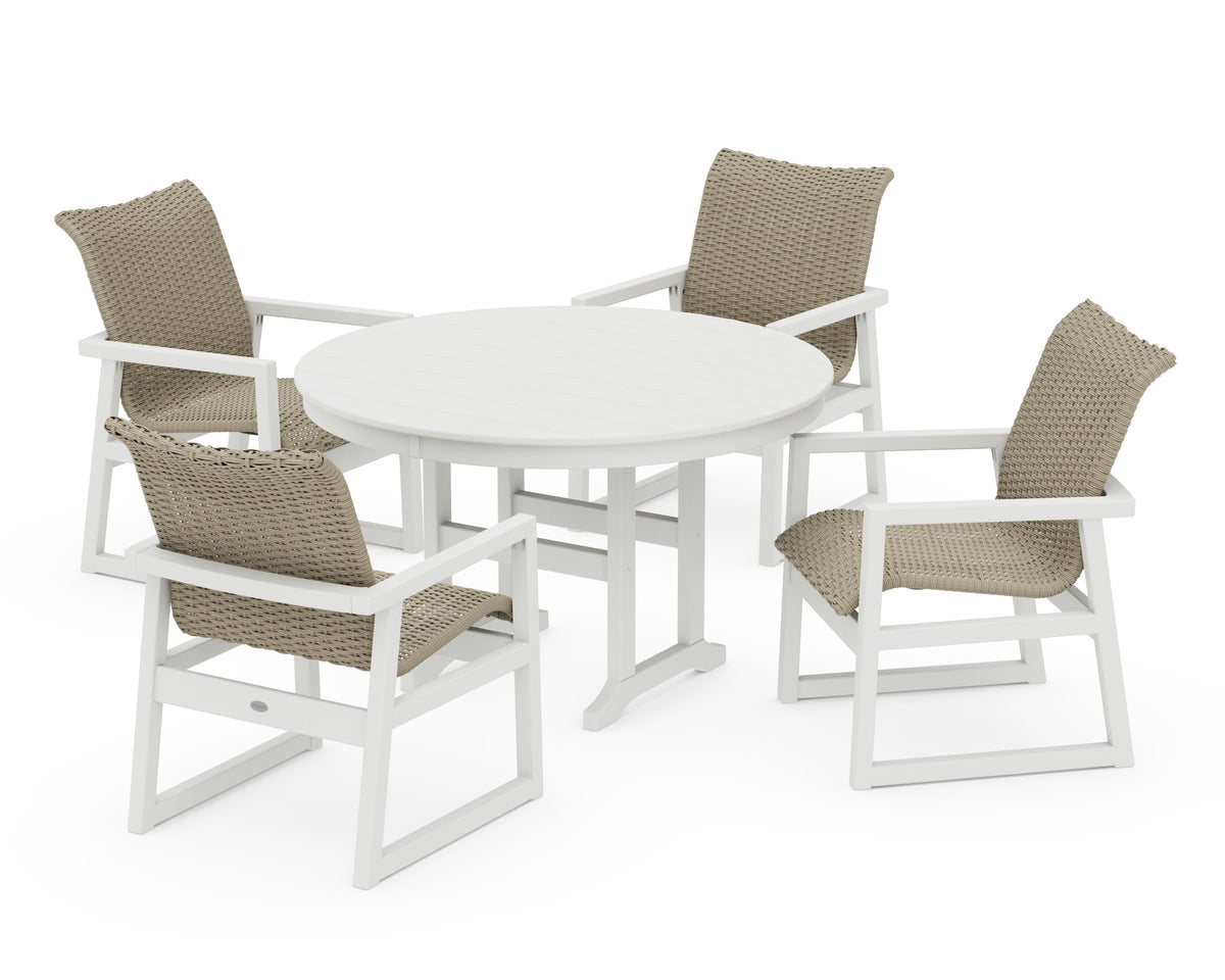 POLYWOOD EDGE Woven 5-Piece Round Farmhouse Dining Set in Vintage White / Dune Grass