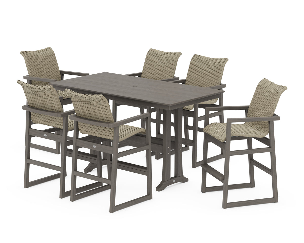 POLYWOOD EDGE Woven Arm Chair 7-Piece Farmhouse Bar Set with Trestle Legs in Driftwood / Dune Grass