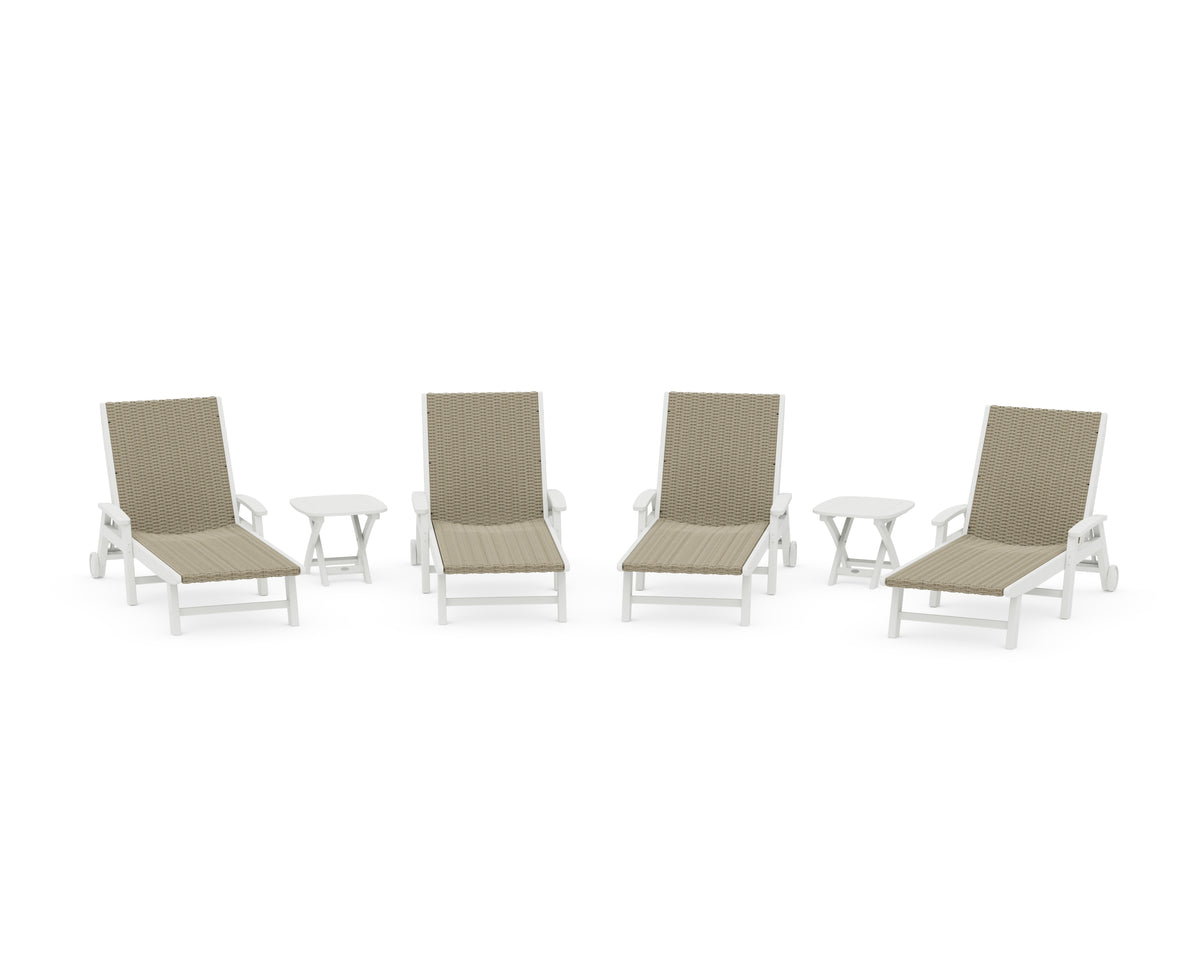 POLYWOOD 6-Piece Coastal Woven Chaise with Arms and Wheels Lounge Set in Vintage White / Dune Grass
