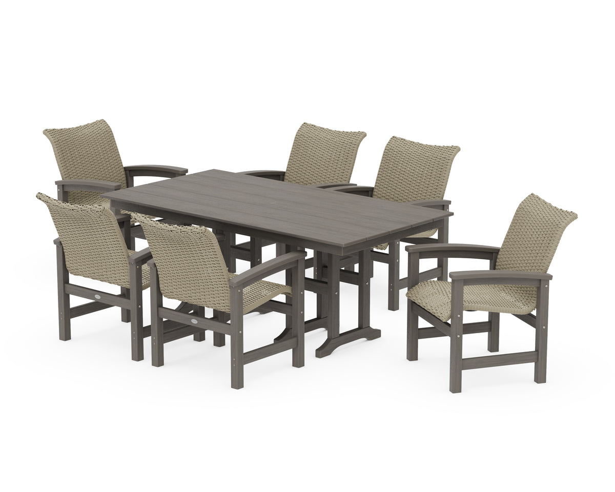 POLYWOOD Coastal Woven Arm Chair 7-Piece Farmhouse Dining Set in Driftwood / Dune Grass