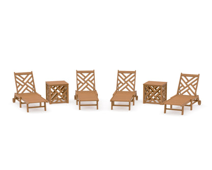 POLYWOOD Chippendale 6-Piece Chaise Set with Wheels and Umbrella Stand Accent Table in Natural