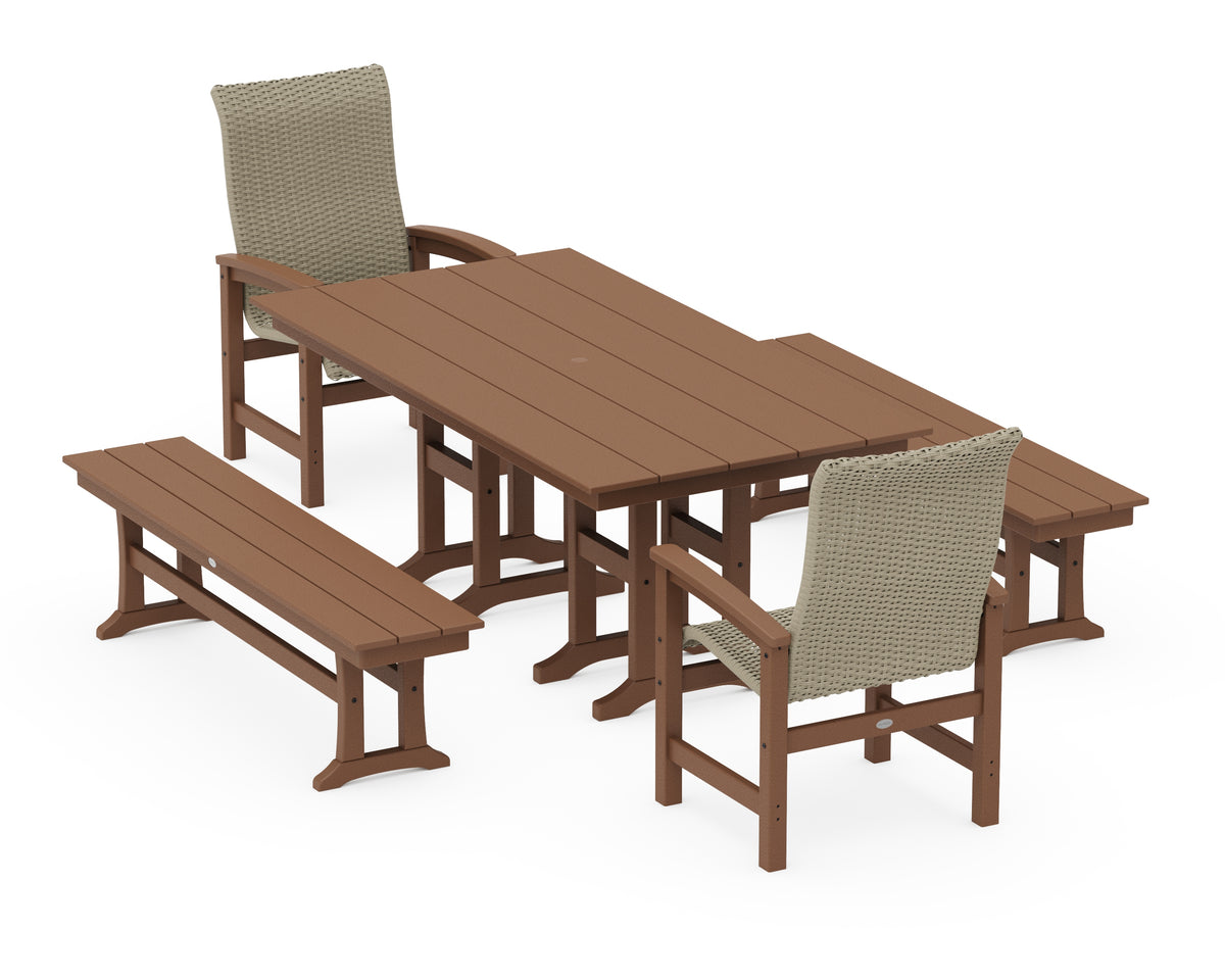POLYWOOD Coastal Woven High-Back 5-Piece Farmhouse Dining Set with Benches in Teak / Dune Grass