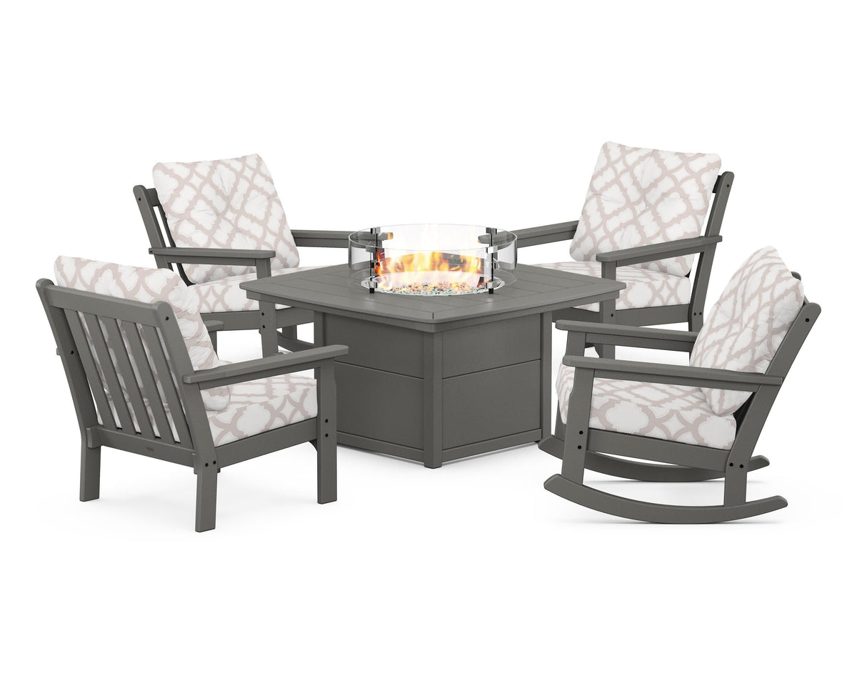 POLYWOOD Vineyard 5-Piece Deep Seating Rocking Chair Conversation Set with Fire Pit Table in Slate Grey / Trellis Dune Burlap