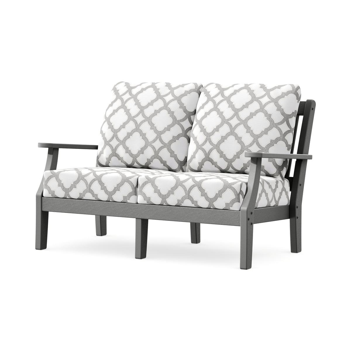 POLYWOOD Chinoiserie Deep Seating Loveseat in Slate Grey / Trellis Grey Mist