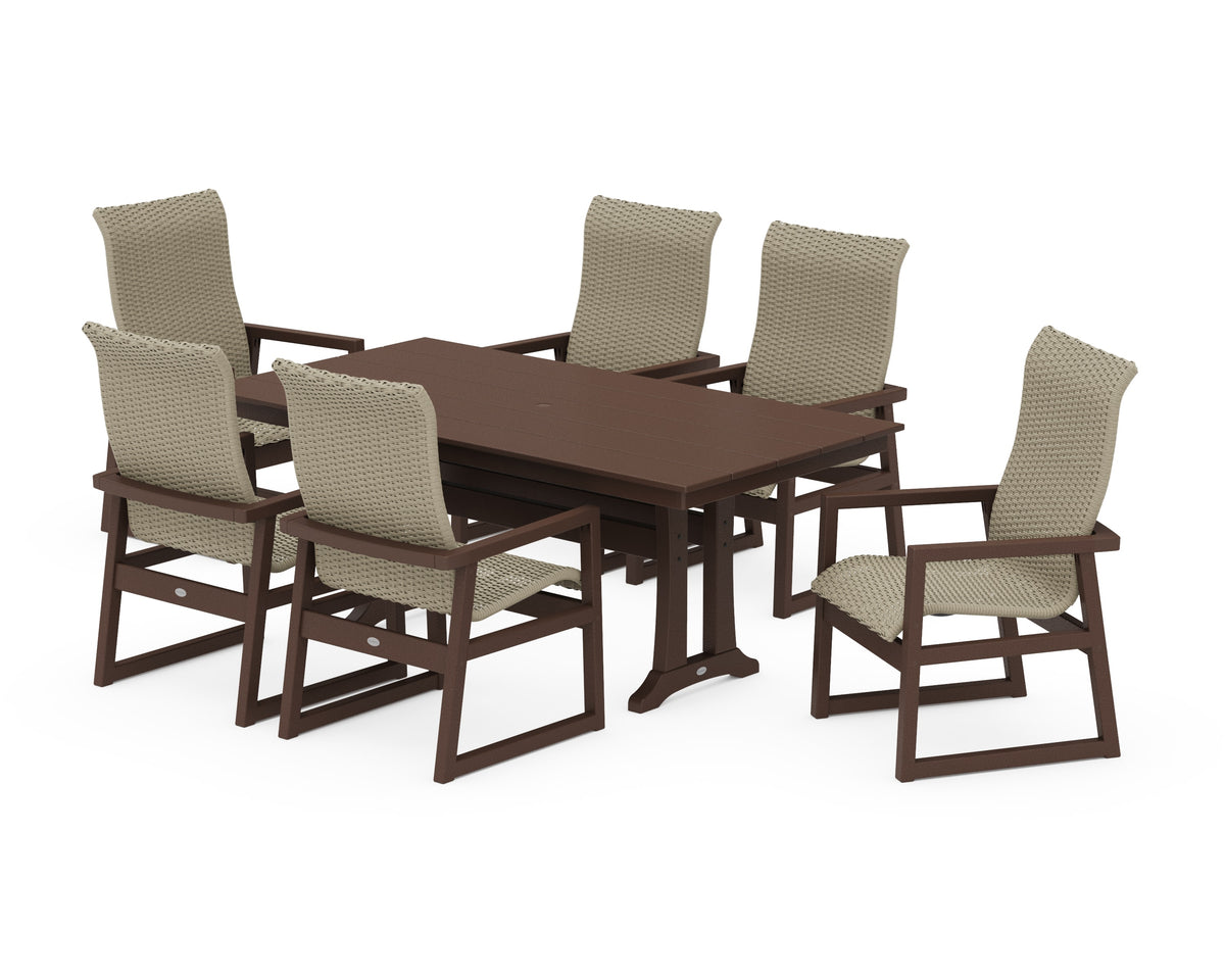 POLYWOOD EDGE Woven High-Back Arm Chair 7-Piece Farmhouse Dining Set with Trestle Legs in Mahogany / Dune Grass