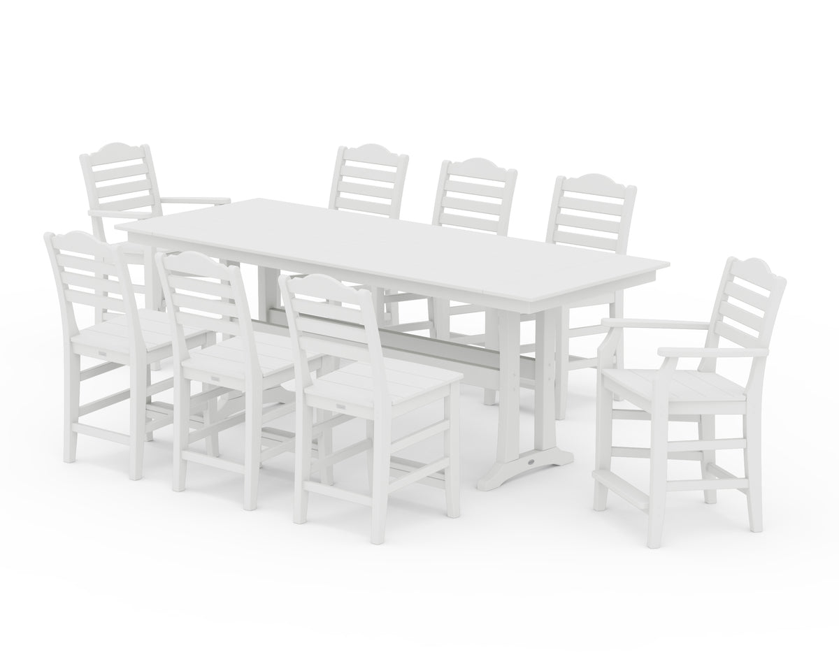 POLYWOOD Savannah 9-Piece Farmhouse Counter Set with Trestle Legs in White