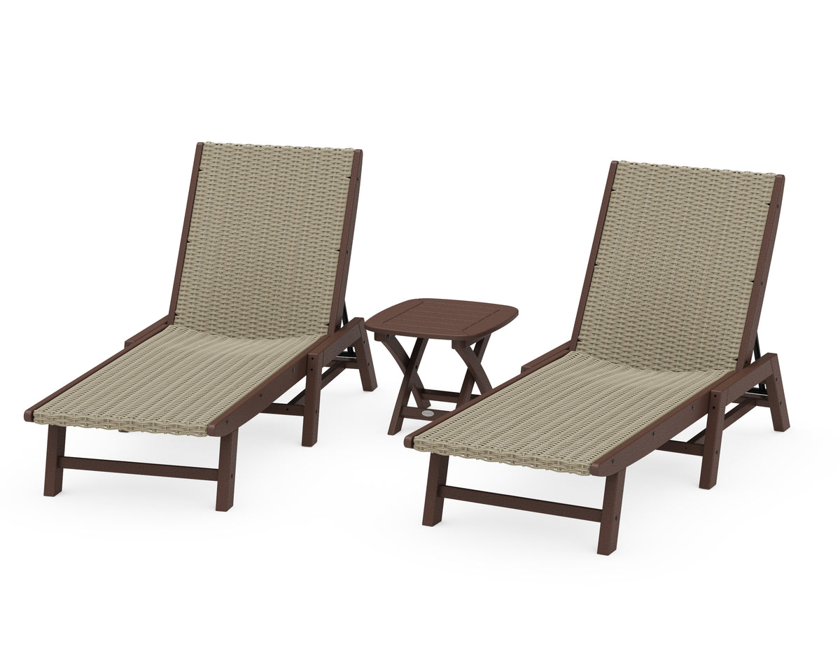 POLYWOOD 3-Piece Coastal Woven Chaise Lounge Set in Mahogany / Dune Grass