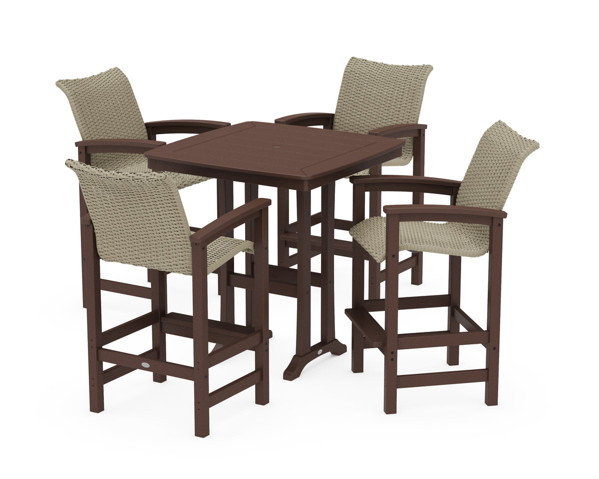 POLYWOOD Coastal Woven 5-Piece Bar Set with Trestle Legs in Mahogany / Dune Grass