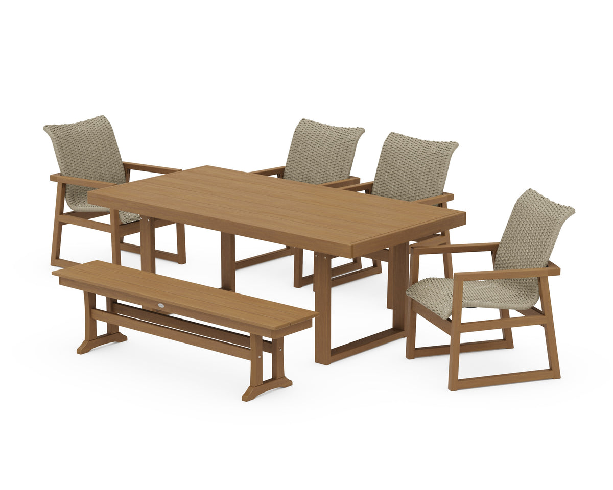 POLYWOOD EDGE Woven 6-Piece Dining Set with Bench in Natural / Dune Grass
