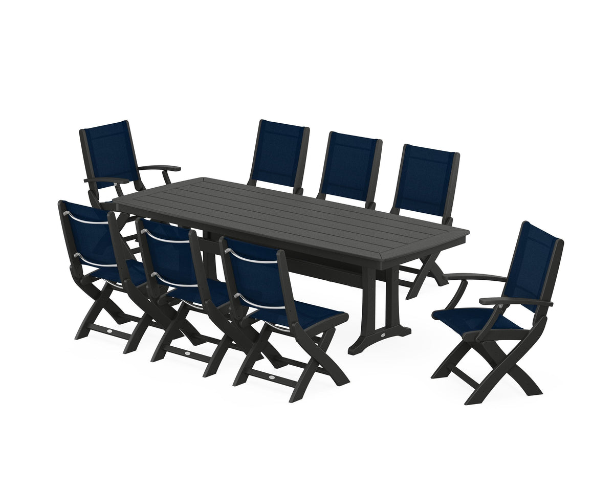 POLYWOOD Coastal Folding 9-Piece Dining Set with Trestle Legs in Black / Navy Blue