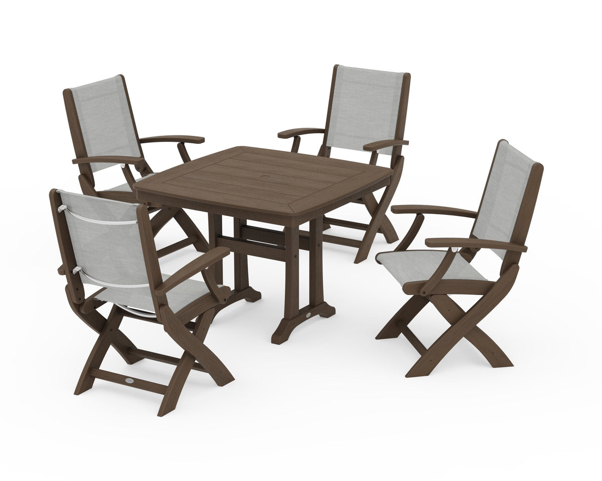 POLYWOOD Coastal Folding Chair 5-Piece Dining Set with Trestle Legs in Kona / Metallic