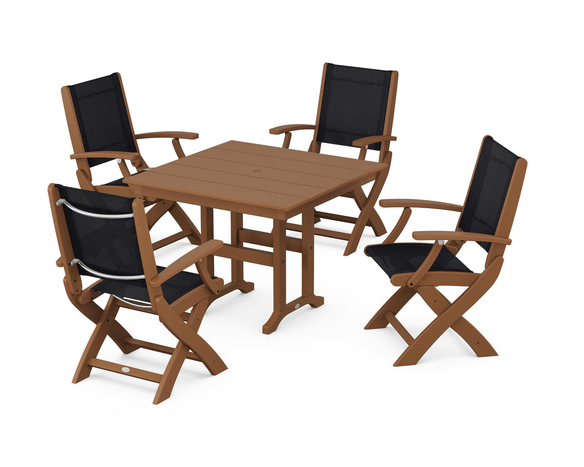 POLYWOOD Coastal Folding Chair 5-Piece Farmhouse Dining Set in Teak / Black